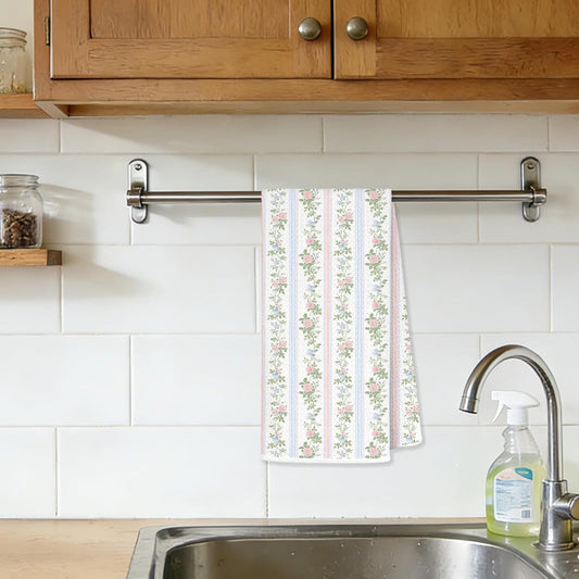 Grandmillennial Blue Pink Floral Striped Kitchen Towels, French Country Pastel Wildflower Decorative Hand Tea Towels for Bathroom, Cottagecore Botanical Dish Towel Drying Cloth, 16x24 Inches