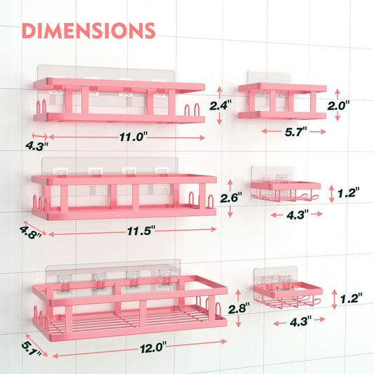 Youvip 6 Pack Shower Caddy, Adhesive Shower Shelves with Soap Holder, No Drilling Rustproof Large Capacity pink bathroom decor accessories, Pink
