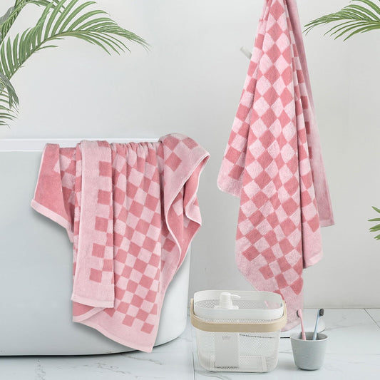 Pink Bathroom Towels Set of 6, Checkered Bath Towels 2-Pack and Hand Towels 4-Pack, Cotton Absorbent Towels for Girls Women