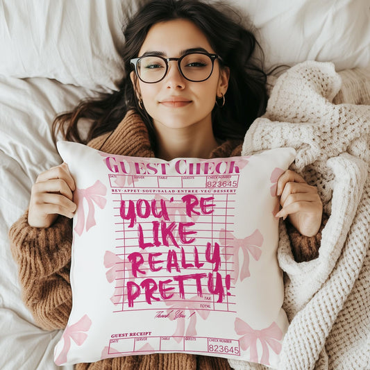 Inspirational Bow Throw Pillow Covers 18x18, Coquette Check Pillowcase, Coquette Preppy Dorm Room Decor for College Girls, Girly Positive Decor for Home