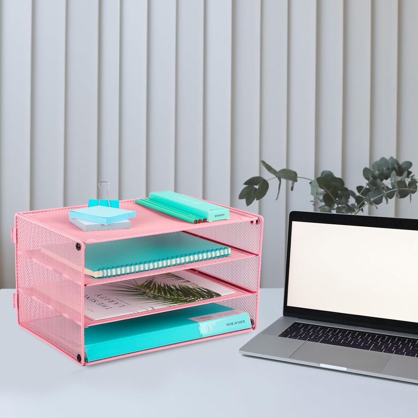 EASEPRES Paper Organizer Tray, 3 Tier Mesh Desk File Organizer Letter Sorter Holder for Home Office, Pink