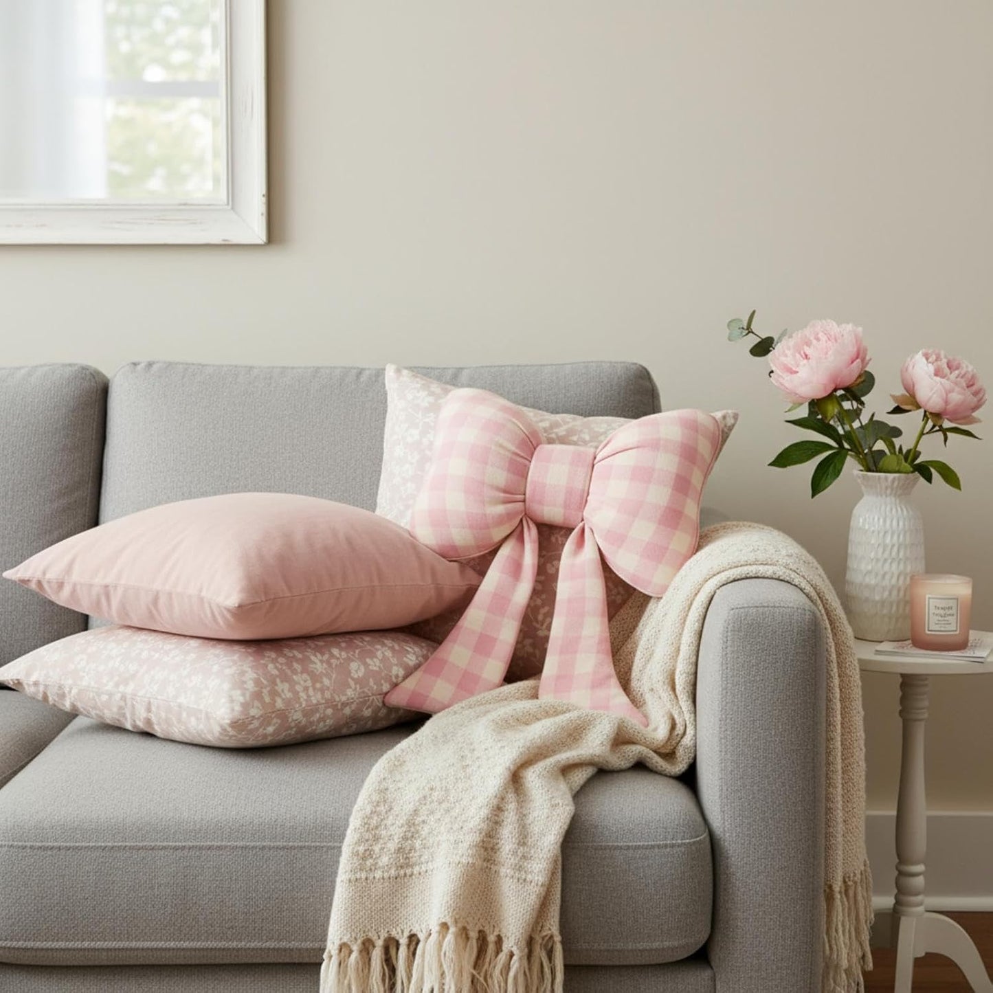 Kathfly Pink Bow Pillow Soft Bow Shaped Checkered Throw Pillows Decorative Cute Canvas Cushion Aesthetic Home Decor for Room Bed Couch Sofa (11 x 8.7 Inches)
