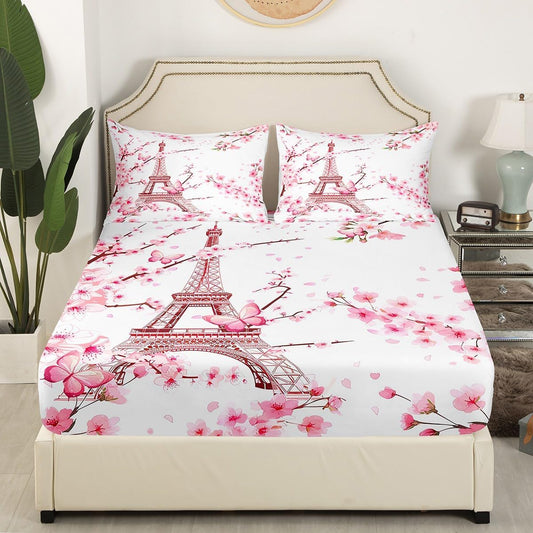 Eiffel Tower Bed Sheet Set Kids Pink Cherry Blossoms Sheets Set 4pc Peach Blossom Microfiber Soft Bedding Set,1 Flat Sheet,1 Deep Pocket Fitted Sheet,2 Pillow Cases(King Size)