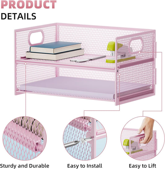 Marbrasse 2 Tier Paper Organizer Letter Tray, Mesh File Organizer with Handle, Paper Sorter Desk Organizer for Home Office Supplies - Pink