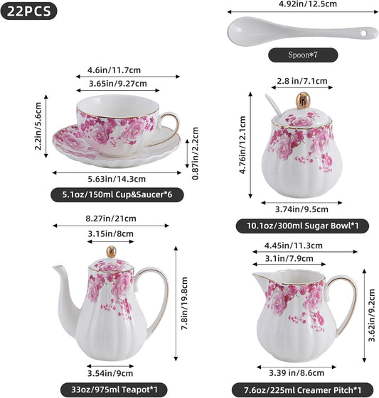Pink Flowers Ceramic Tea Set,Tea Sets for Adults, with Teapot, Sugar Bowl, Milk Jug, Spoons, Cup and Saucer for Tea Party (Pink Flowers)