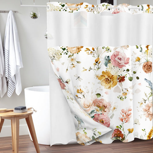 Tititex No Hooks Snap in Liner Rustic Red Yellow Pink Floral Shower Curtain, Hotel Luxury Double Layers Waterproof Fabric & See-Through Top Window Bathroom Decorative 72x72 Inch