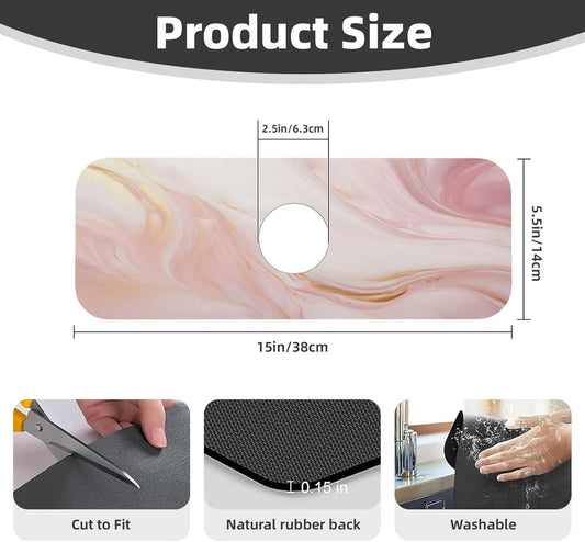 Light Pink Marble Gold Accents Faucet Mat Splash Guard, Absorbent Quick-Dry Kitchen Sink Mat,Ideal For Splash Guard Drip Catching