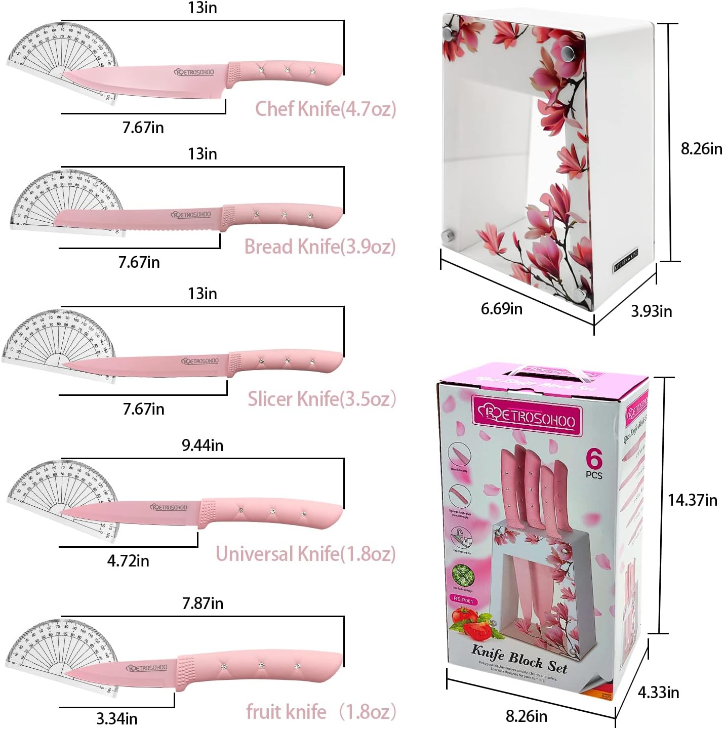 Kitchen Knife Set, Retrosohoo Pink Flower 6PC Stainless Steel Sharp Chef Cooking Non-slip Knife Set with Acrylic Stand & Block, Non-stick Colorful Coating Gift for Women Girls (Pink)