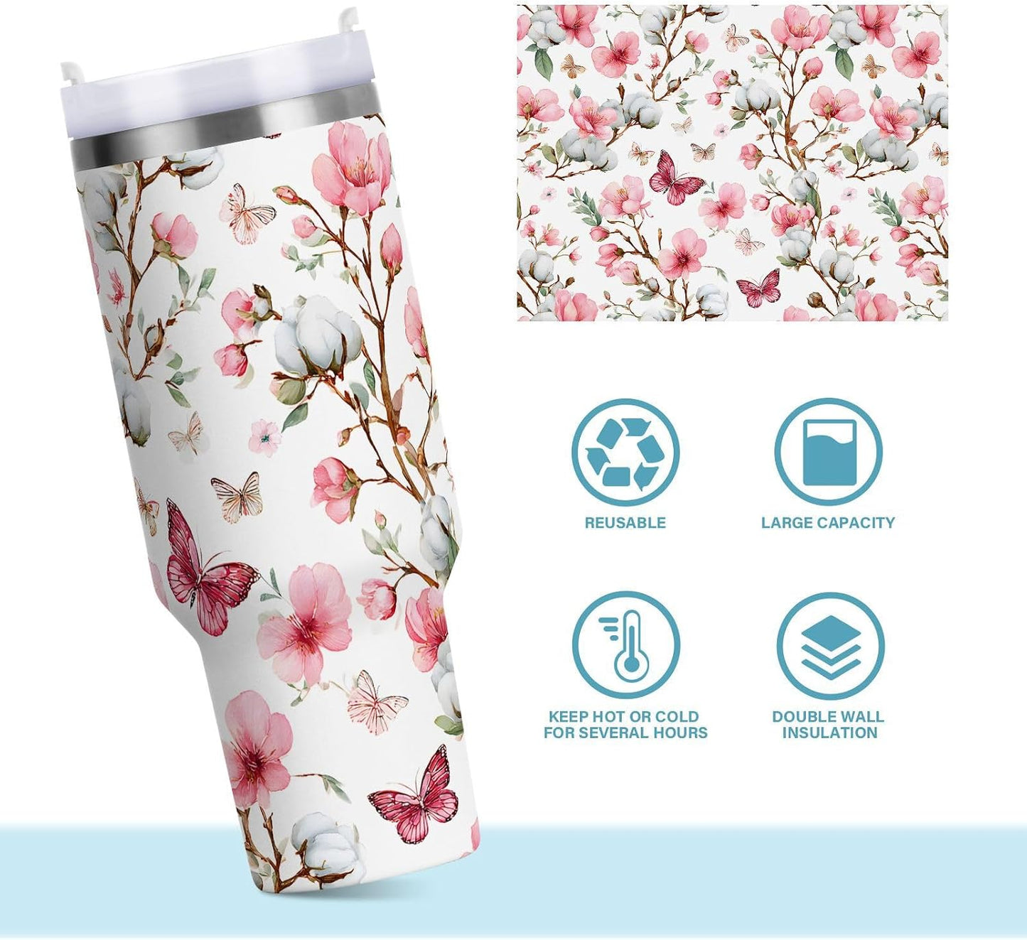 30 oz Peach Blossom Butterfly Pattern Tumbler with Handle and Straw Lid