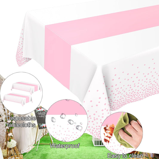 2 Pack White and Light Pink Tablecloth Disposable White Printed Pastel Pink Table Runner for Parties Baby & Bridal Shower Engagement Wedding Birthday BBQ Picnic Indoors and Outdoors Party