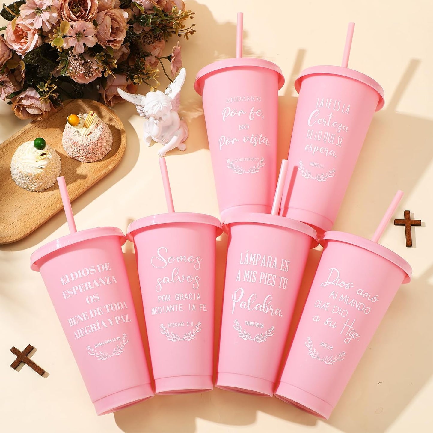Funnymoom 60 Packs Christian Gift Bulk Inspirational Spanish Bible Verse Cup Gift Father Day 24oz Religious Plastic Tumbler with Lid Straw for Church (Light Pink)