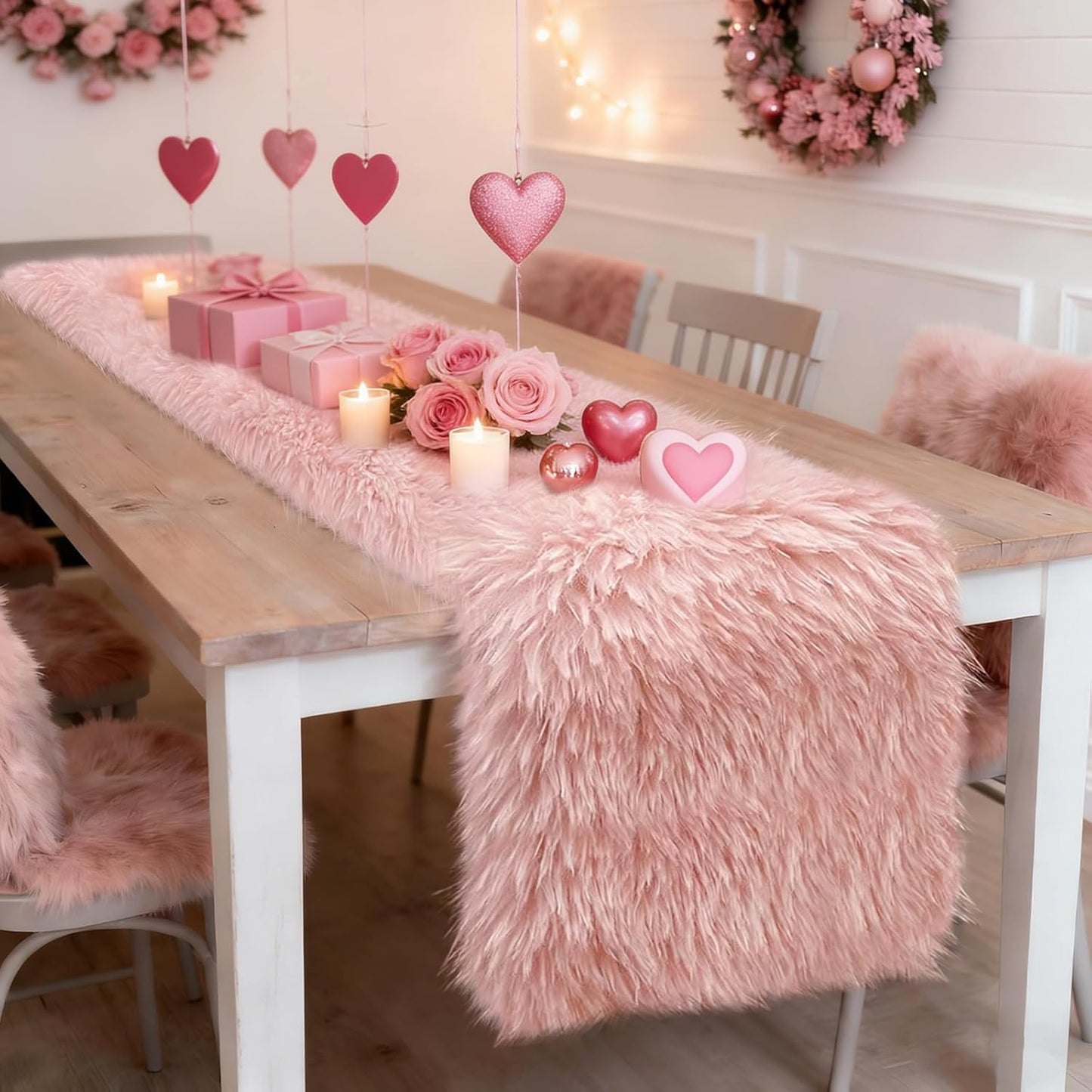 yuboo Blush Pink Pastel Table Runner 72 inches, Spring Summer Faux Fur Dresser Runners Cover Top for Bedroom, Dining Table, Pastel Pink Table Cover, Coquette Room Decor Aesthetic