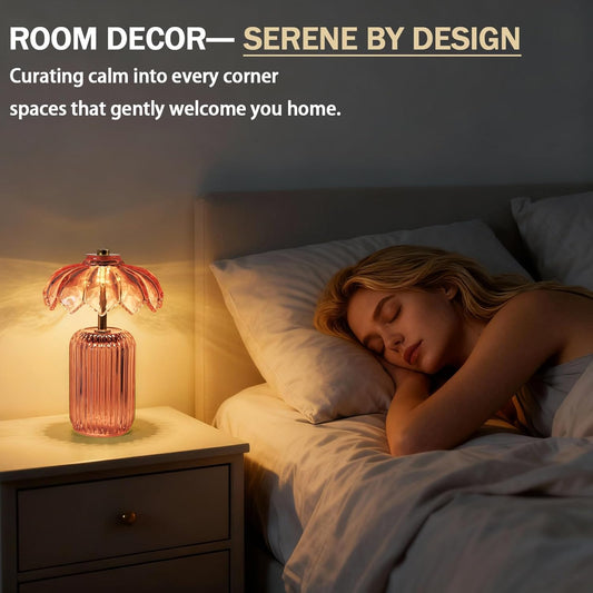 MJ PREMIER Cordless Lamp, Battery Operated Lamp with Timer, Crystal Glass Flower Lampshade, Small Table Lamps, Decorative Led Light for Bedroom Living Room Shelf (S-Pink)