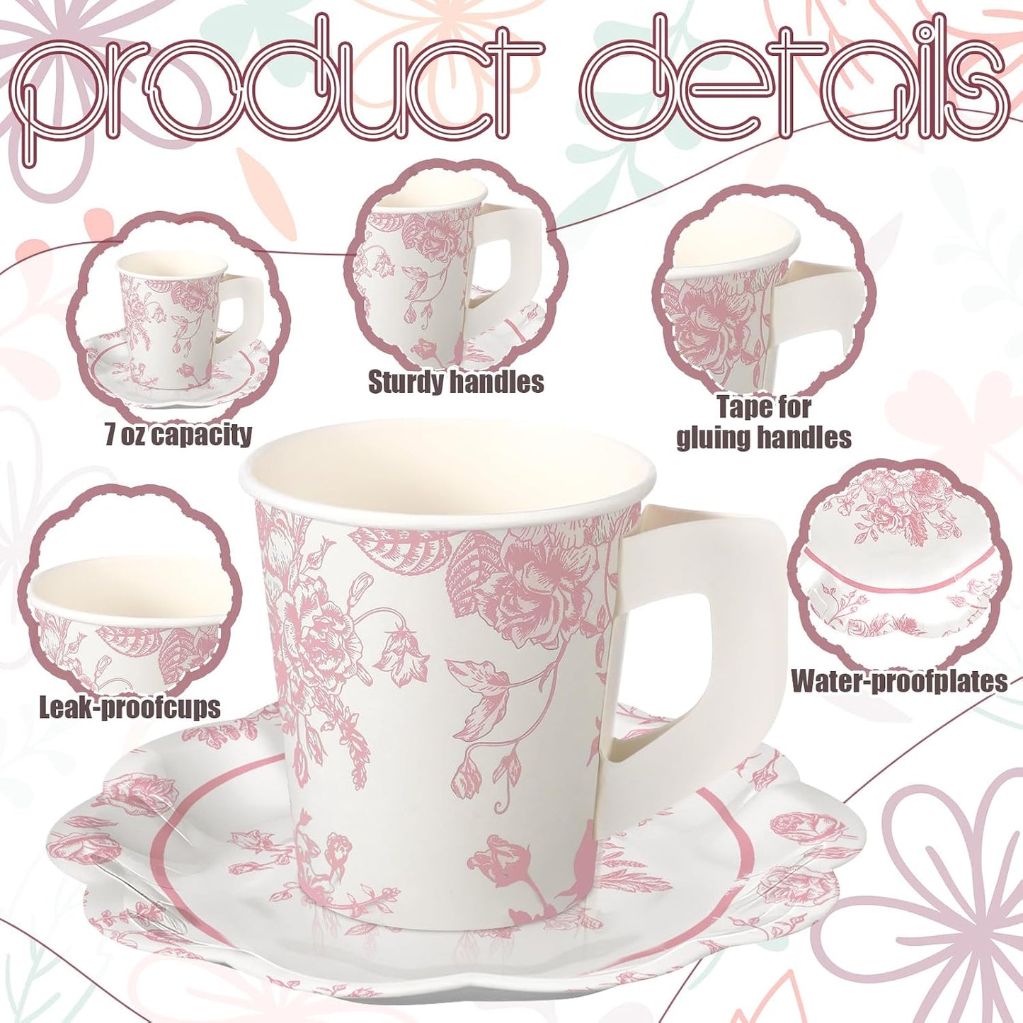FoldTier 100 Pcs Tea Party Plates and Cups Pink Floral Party Supplies Paper Tea Cups and Saucers Disposable Tableware Sets for Chinoiserie Wedding Baby Shower Birthday Decor Serves 50 Guests