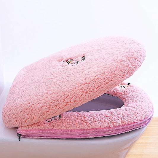 Toilet Seat Warmer Cover & Toilet Lid Cover Pink Fuzzy Toilet Seat Covers for Bathroom with Zipper Handle Plush Thicker Washable