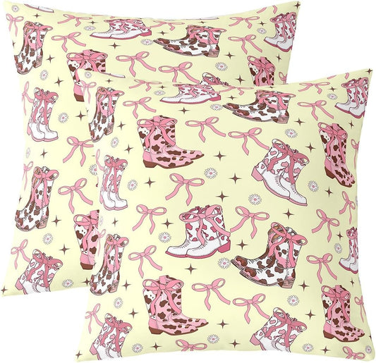 Cowgirl Western Cushion Covers Girly Bow Cushion Cases 24X24 Inch Pink Bowknot Cow Throw Pillow Covers For Living Room Sofa Accent Home Decor Yellow Farmhouse Cowboy Rustic Pillow Inserts Not Included