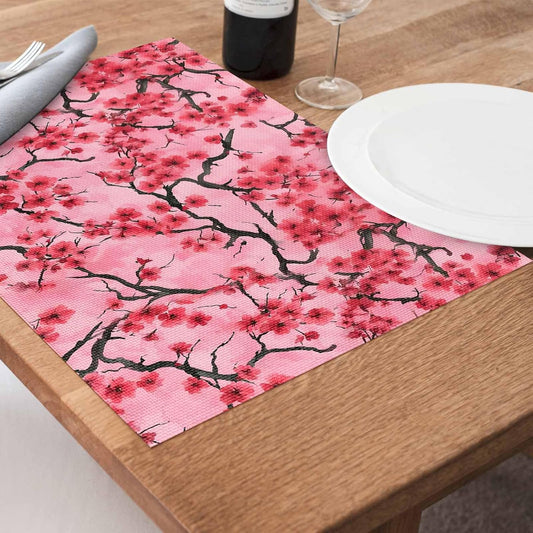 Chinese Flowers Placemats Set of 4, Washable PVC Kitchen Table Mats Place Mats, Spring Pink Peach Blossoms Floral Woven Vinyl Placemat for Dining Table, 13" x 19"