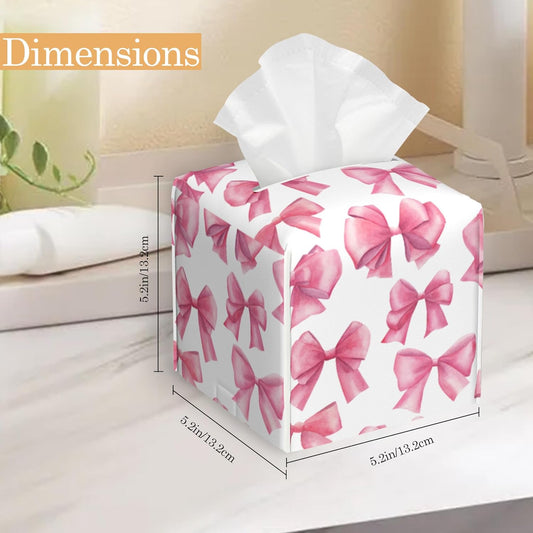 Pink Bow Tissue Box Cover Holder,Leather Tissue Case Holder Facial Paper Organizer Decorative for Tabletop Night Stands Desk Bathroom Kitchen Car Office Home Decor