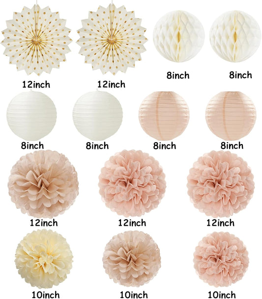 Champagne-Gold Beige-Peach Boho Party-Decorations Streamers - 14pcs Fall Neutral Baby Shower Rustic Bohemian Wedding Paper Honeycomb Lanterns Fan,Birthday Bachelorette Bridal Decor Lasting Surprise