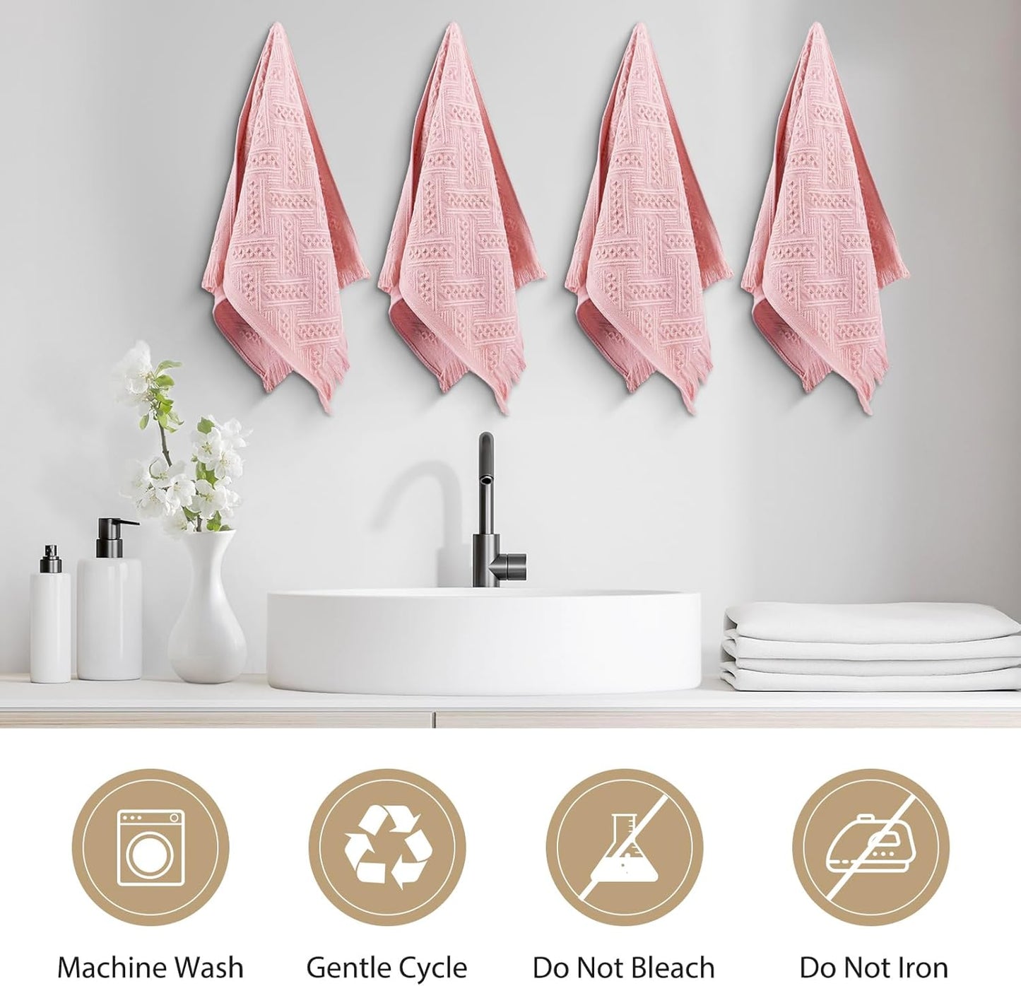 Boho Bathroom Decor Hand Towel 4 Pack 100% Turkish Cotton 14 x 30 Inch Boho Kitchen Hand Towel Guest Tea Gift (Pink)