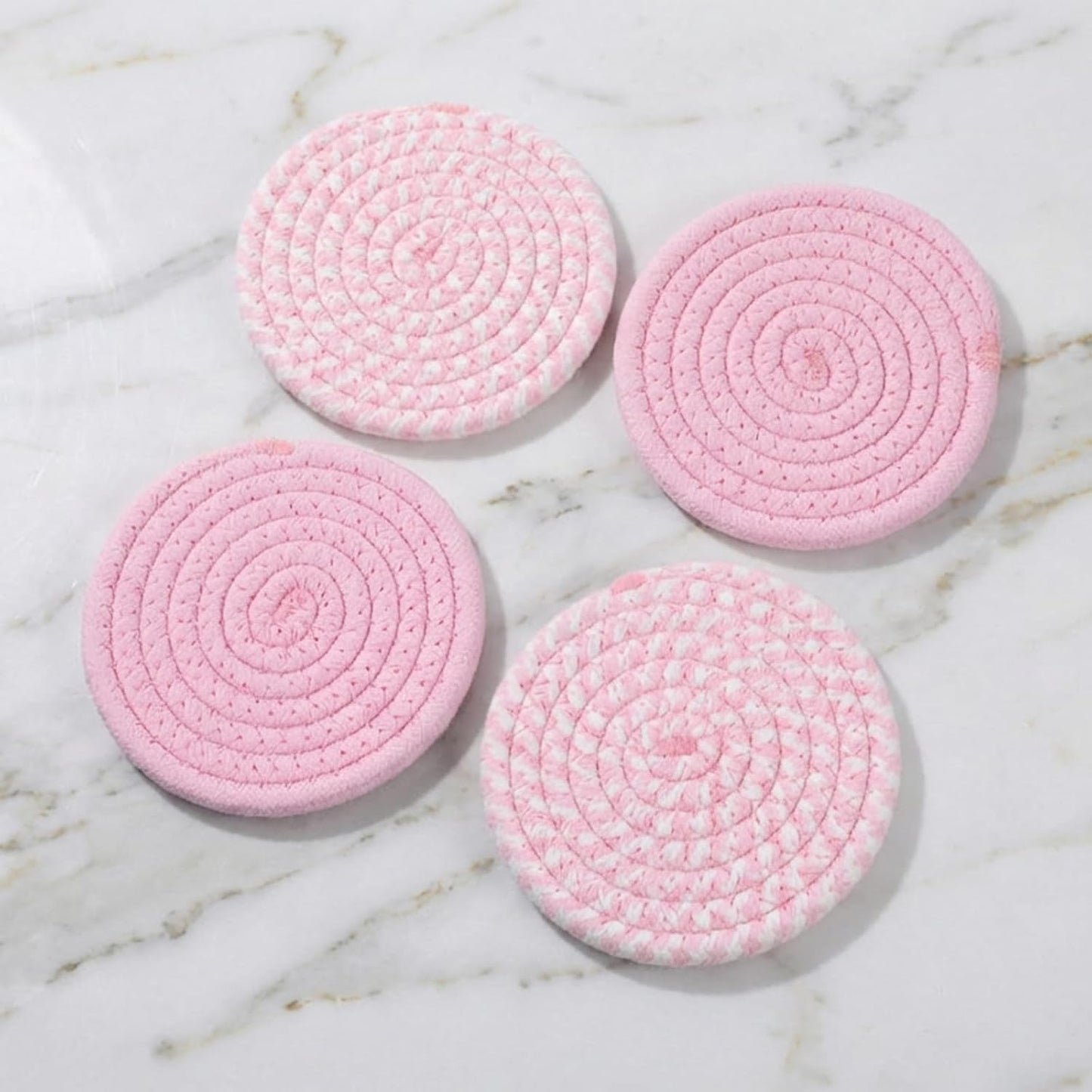 4Pcs Pink Coaster, Cotton Pink Coasters for Desk, 4.3 in Coasters Cute, Absorbent Handmade Woven Coaster for Drinks Apartment Essentials, for Mom from Daughter