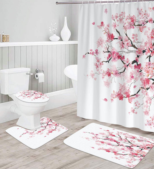 Pink Cherry Blossom Shower Curtain Set, 4 Pcs Japanese Sakura Floral Bathroom Decor with Non-Slip Rug, Toilet Lid Cover and U-Shaped Mat, 60" W x 72" L