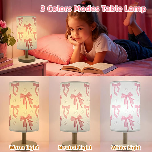 Pink Bow Table Lamp,3 Colors Bedside Lamp for Kids Bedroom Nightstand Night Light Girls Room Decorative Lights with Cartoon Flaxen Fabric Shade Desk Lamp for Girls Boys Birthday Gifts for Home Decor