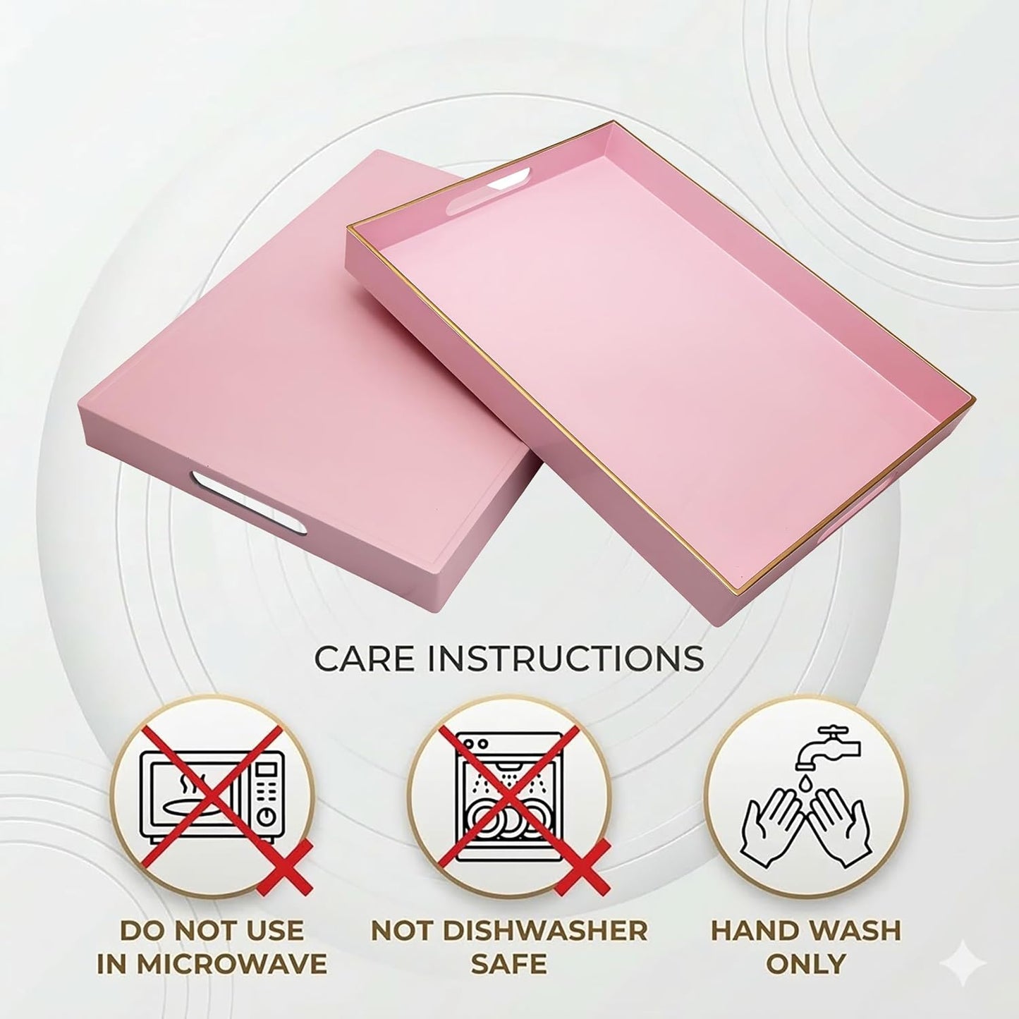15.8" x 11.8" Pink Plastic Decorative Serving Tray with Gold Trim and Handles, Sturdy Rectangular Ottoman Tray for Living Room, Coffee Table, Vanity & Counter