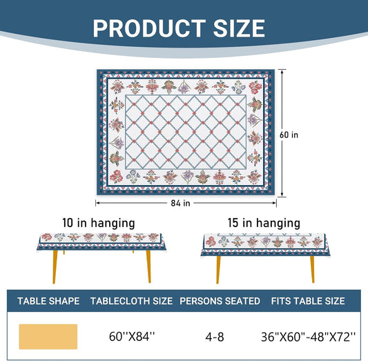 Vintage Floral Rectangle Tablecloth 60 x 84 Inches, Retro Pink Blue Flower Geometric Argyle Decorative Dining Table Cloth, Spring Summer Botanical Dinner Tablecover Picnic Party Decoration