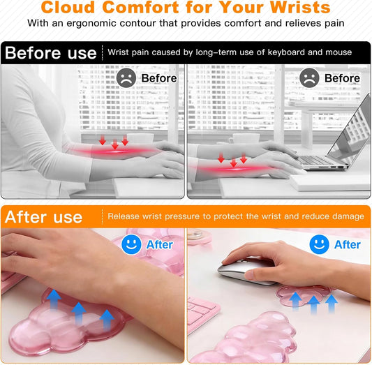 Cloud Keyboard and Mouse Wrist Rest Set, Clear Gel Keyboard Mouse Wrist Rest Support Pad for Typing Pain Relief, Cute Aesthetic Desk Decor Accessory for Home Office Dorm(Pink)