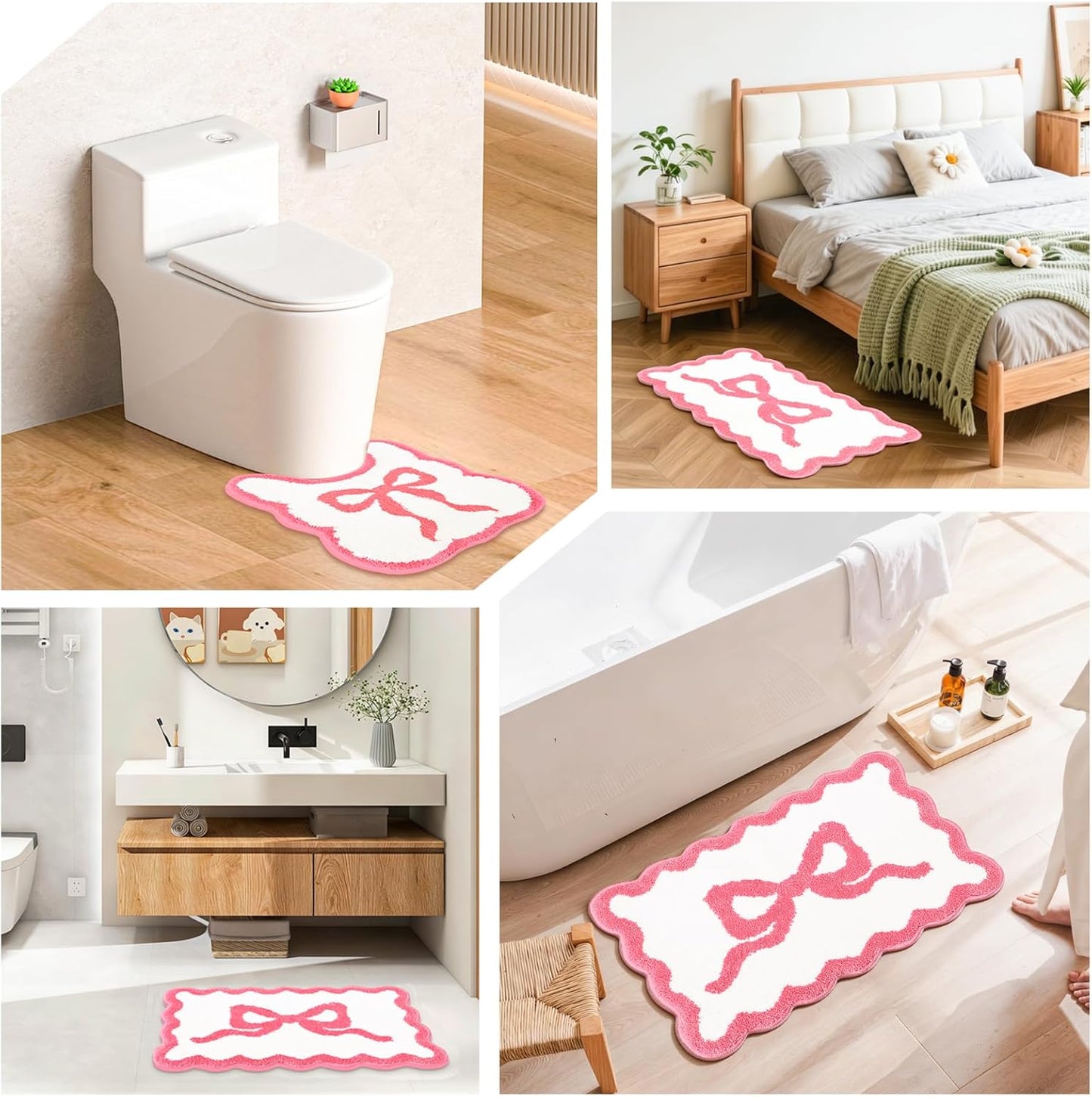 Pink Bow Bathroom Rug Mat Set 3 Piece, Microfiber Shaggy Bath Set, Non-Slip Ultra Soft Carpet Mats, Absorbent with U-Shaped Toilet for Bathroom, Tub, Shower (Pink)