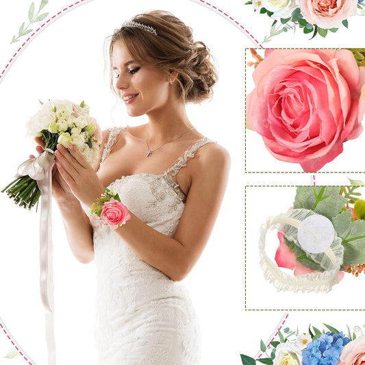 Sherr 24 Pcs Wedding Rose Wrist Corsage Wristlet Band for Bridal Bridesmaid Women Flowers Bracelets Decor Wedding Artificial Flowers for Party Prom Homecoming (Peach Pink)