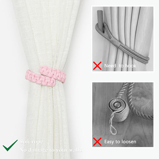 NICEEC 2 Pack Natural Cotton Rope Curtain Tiebacks Farmhouse Rustic Style Decorative Drape Tie Backs Handmade Braided Curtain Holdbacks for Home & Office Sheer/Light Weight Drapery (C-Pink-S)