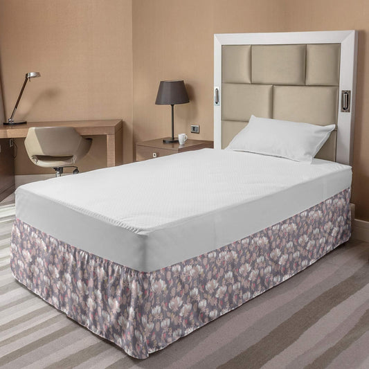 Lunarable Peonies Bedskirt, Pastel Vintage Blooms Pattern Meadow Field Blooms Old Fashioned Flower, Bedroom Decor Wrap Around Elastic Bed Skirt Gathered Design, Twin/Twin XL, Grey Pink Pale Peach