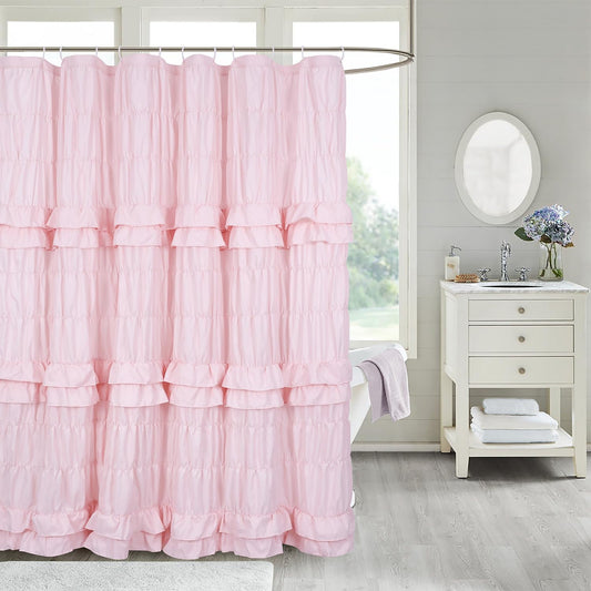 Pink Ruffle Shower Curtain, Shabby Chic Vintage Bathroom Curtains Victorian Girly Cute Aesthetic Boho Farmhouse French Country Lace Decor Extra Long 72x84 inches