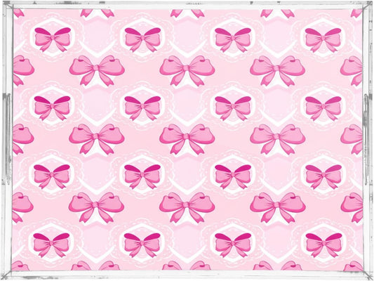 Light Pink Bows Serving Tray 12" x 16" Acrylic Trays with Handles Decorative Serving Platter for Coffee, Breakfast in Bed, Dinner, Appetizers, Patio, Party