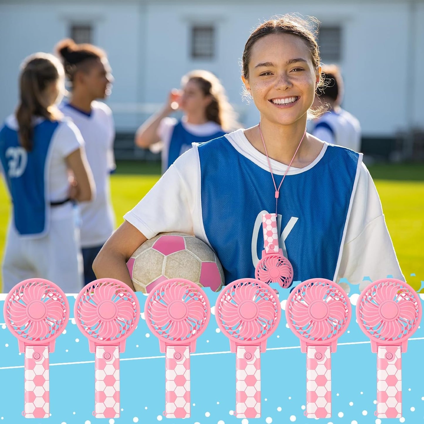 Glooglitter 12 Pcs Soccer Portable Fans Foldable Pink Soccer Handheld Fans Bulk with Lanyard Small Personal Fan Favor for Team Gift Outdoor Sport Game Cooling Favors, Battery Not Include