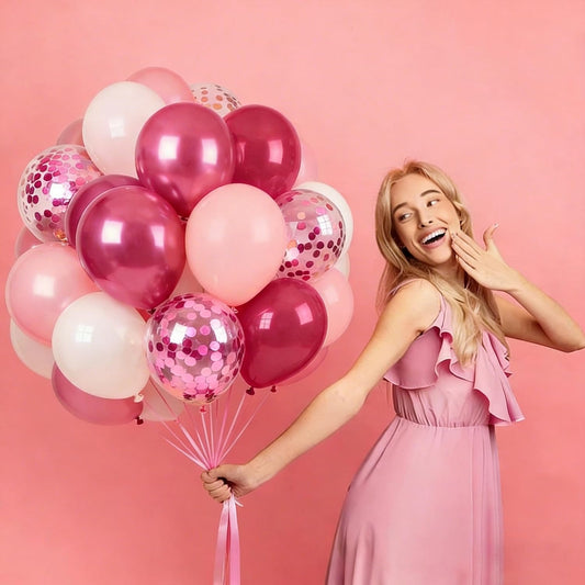 60Pcs 12 Inch Pink Latex Balloons Set - Hot Pink, Pink, Metallic Pink Confetti Party Balloons with Ribbon for Birthday, Wedding, Graduation Anniversary Party Decorations.