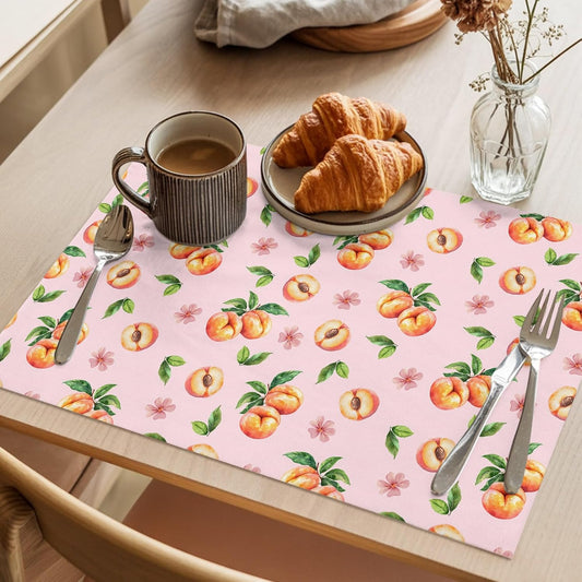Pink Peaches Placemat Set of 6 Non-Slip Placemats for Dining Table Flowers Summer Fruit Washable Table Mats, Heat Resistant Kitchen Table Mats for Party, Dining Room & Home Decor