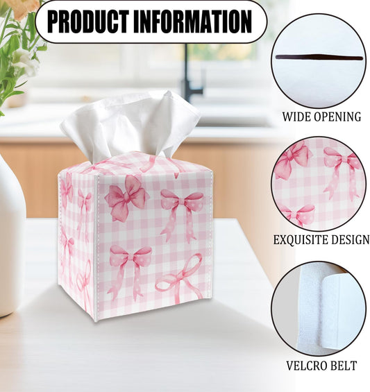 Pink Bows Tissue Box Cover, Square Tissue Box Holder with Bottom Belt, PU Leather Decorative Facial Paper Organizer for Table Top, Bathroom, Car, Office-017