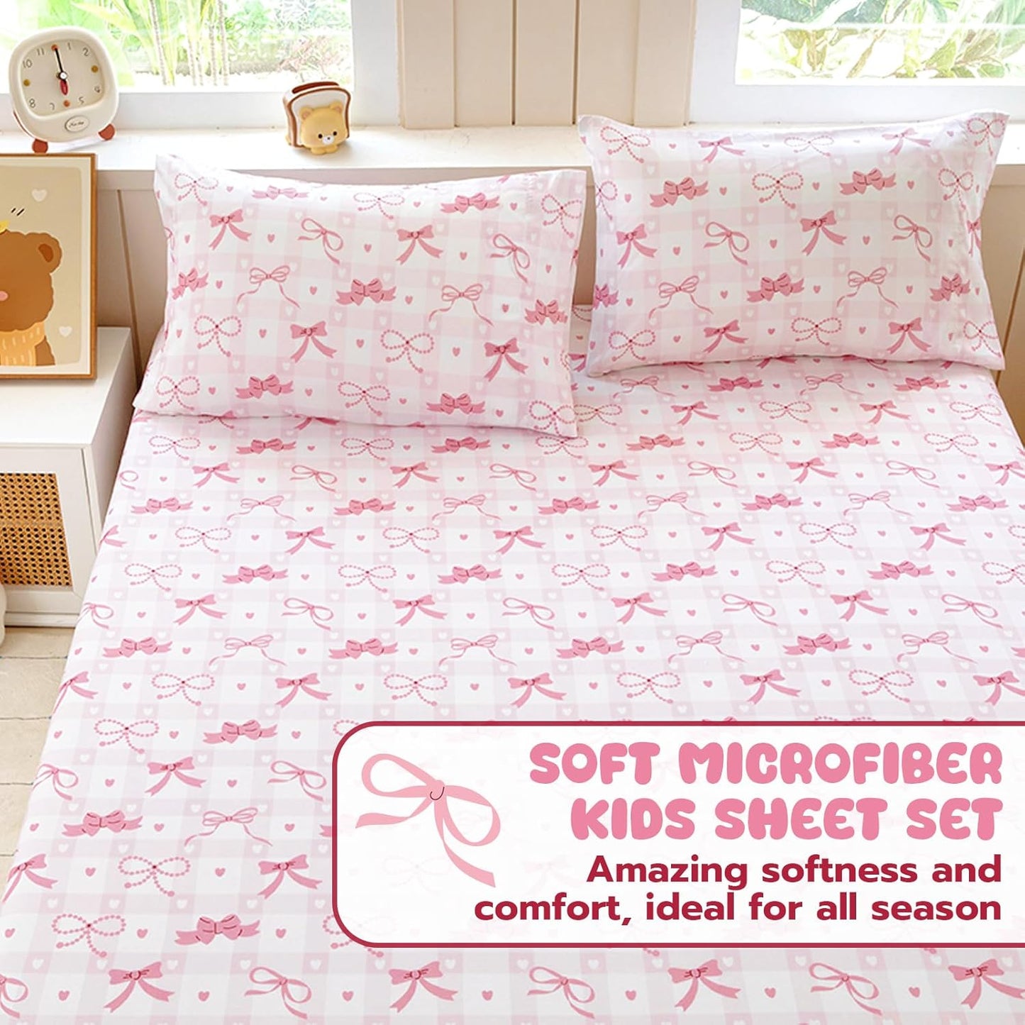 Queen Sheet Set Kids - Pink Check 4 Pieces Soft Microfiber Cartoon Style Bedsheets for Boys Girls Teens, Oeko TEX Breathable 15 Inch Deep Pocket Sheets(Pink Bow)