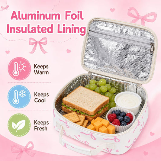 LOIDOU Insulated Lunch Bag for Kids Girls, Cute Bow Insulated Lunch Box Bag for Toddler, Womens Small Lunch Tote, Lunch Box Containers for School Work Picnic, Pink