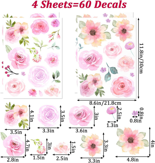 COMNICO 60pcs Pink Flower Wall Sticker Watercolor PVC Peel and Stick Wall Decals Cute Peony Floral and Leaves Pastel Flower Decor for Kids Bedroom Living Room Baby Nursery Kindergarten