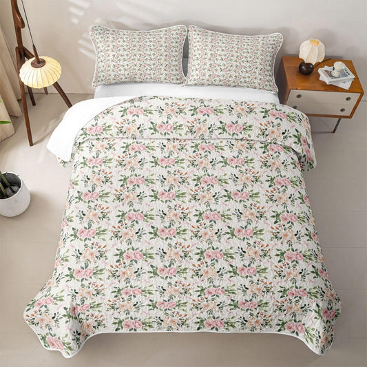 Erosebridal Flower Quilt Set Rose Quilt Queen Peach Blossom Kawaii Ribbon Bow Quilted Coverlet Princess Girly Leaves Floral Theme Bedspread Lightweight