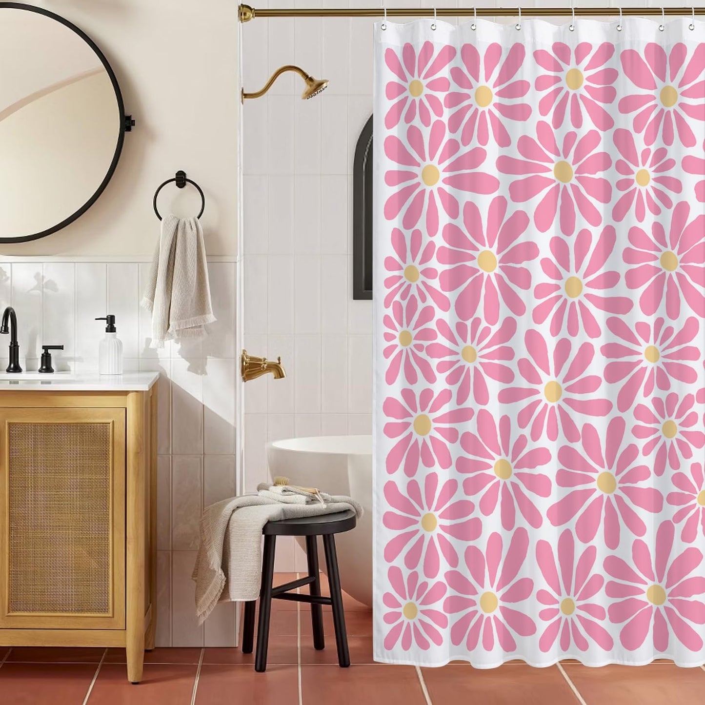 SHIYUE Pink Flower Shower Curtain, Cute Boho Floral Bathroom Decor, 180GSM Heavy Duty Waterproof Washable Fabric, with 12 Hooks 72x72 Inches