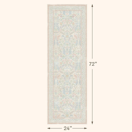 Soft Washable Runner Rug 2x6 Non Slip for Girls Bedroom, Laundry Room Rug, Kitchen, Bathroom, Floral Light Pink and Blue Stain Resistant Floor Runner Carpet Low Pile with Rubber Backing