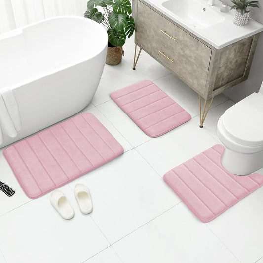 BYSURE Pink Memory Foam Bathroom Rug Set 3 Piece, Non Slip Extra Soft Absorbent Machine Washable Toilet Bath Toilet Mat (17"x24"+20"x32"+U Shape 20"x24")