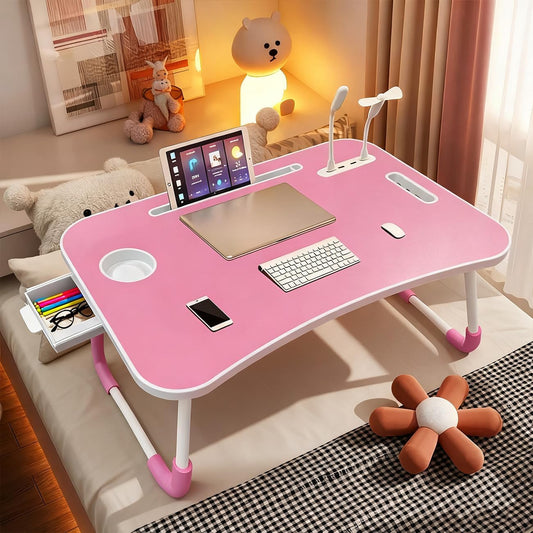 Portable Laptop Desk, Pink Foldable Bed Table with Cup Holder, LED Lights, Storage Drawer, Multi-Purpose Workstation for Working, Reading, Entertainment