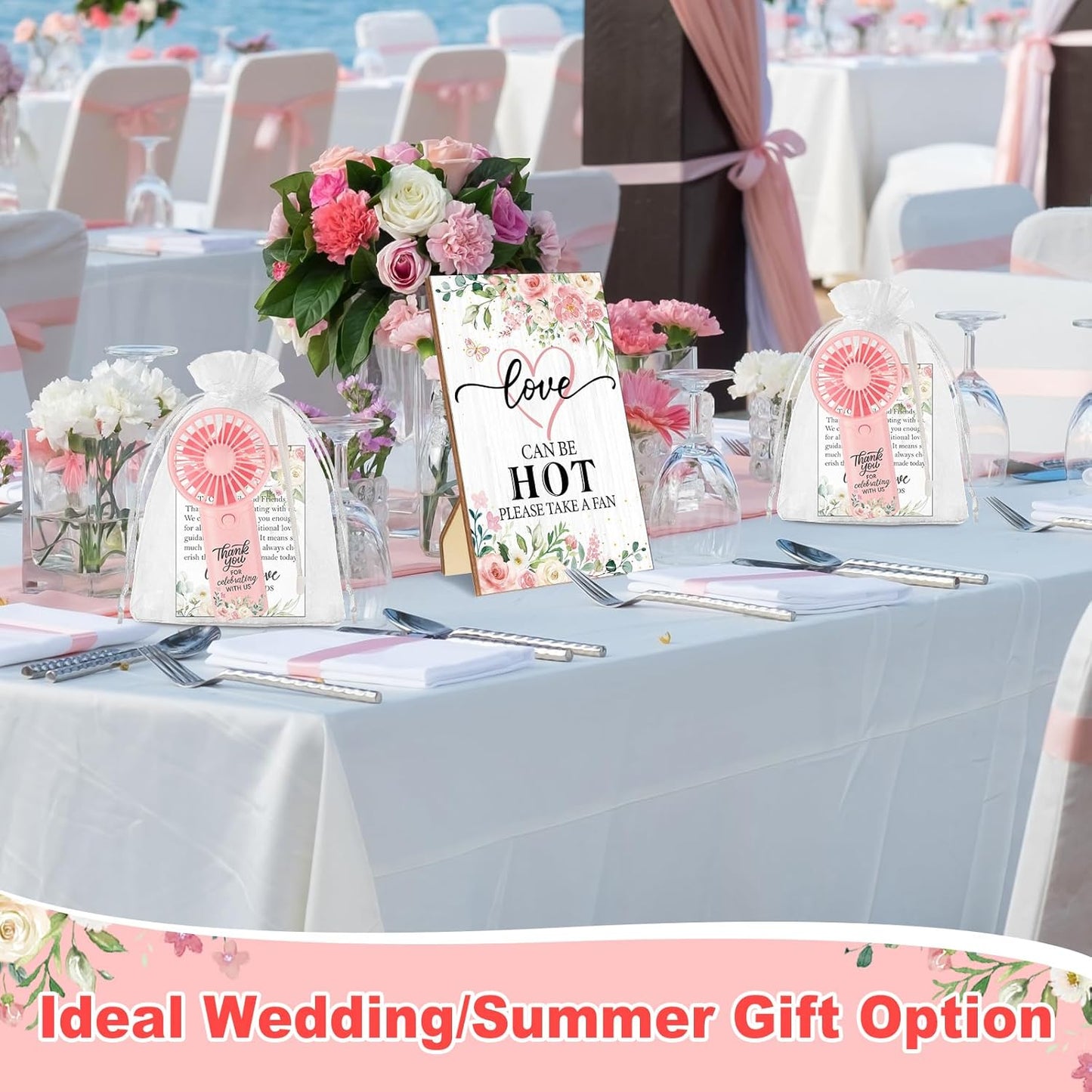 24 Set Wedding Mini Fans for Guests Portable Handheld Fans Thank You Cards Organza Bags with 1 Pcs Love Is Hot Wooden Table Sign Bridal Shower Favors for Summer Wedding Outdoor(Pink Rose)