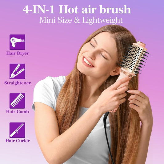 Hair Dryer Brush Blow Dryer Brush in One, 4-in-1 Hair Dryer Brush Blow Dryer with Oval Barrel, Mini Hot Air Brush for All Hair Types(Pink)